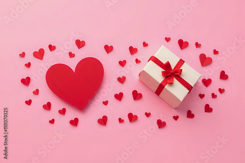 A saint valentine´ s gift with paper red hearts on a pink background. Top view. Flat lay.
 photo