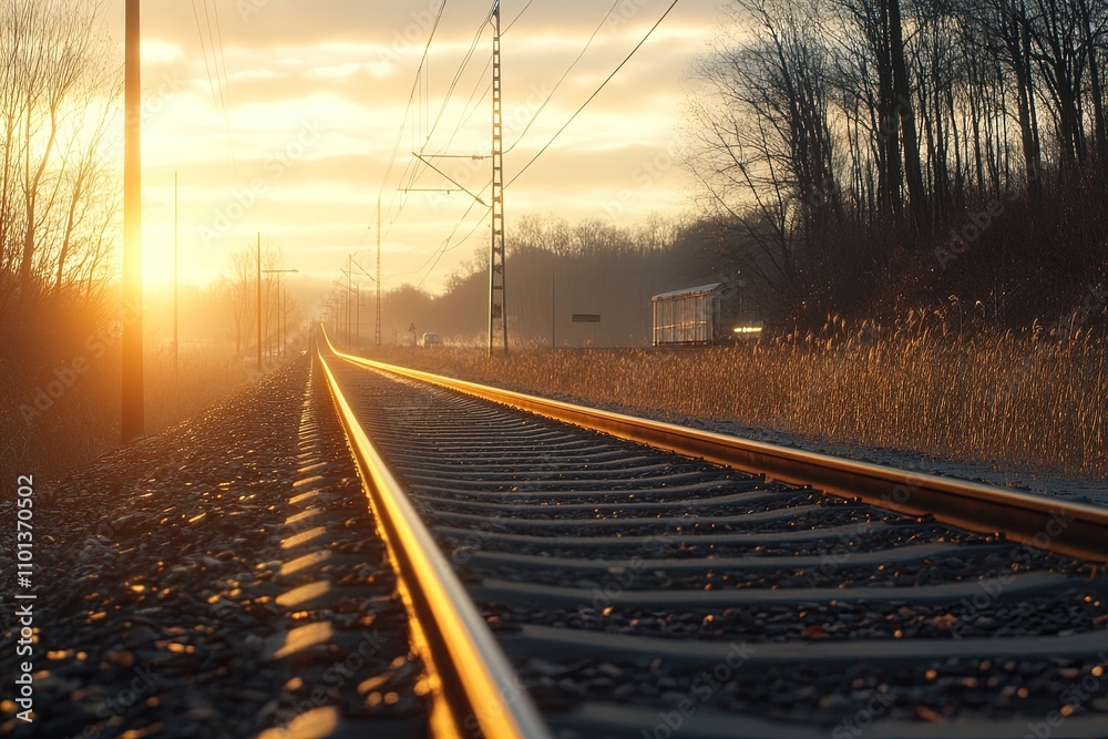 Obraz premium Sunset illumination on a tranquil railway track surrounded by nature and gentle grassland