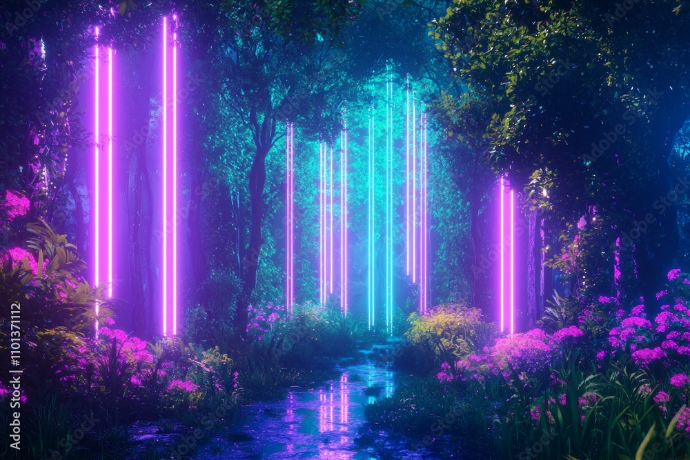 Fotografie Vibrant neon lights in a forest for background