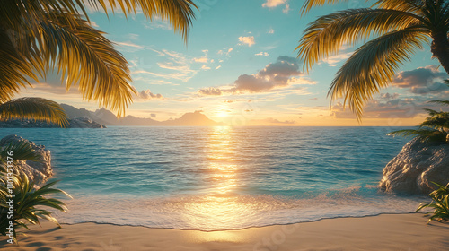 Golden sunset beach scene with palm trees, ocean, and rocks; perfect for travel brochures, websites, and tropicalthemed designs. Generated AI