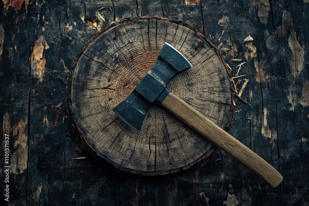 Fototapeta premium Axe stuck in center of wooden bullseye with shards scattered around it