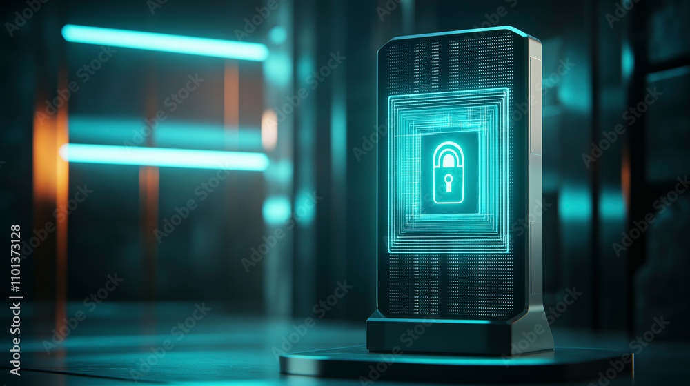 Obraz premium Phone on a pedestal. On the screen is a holographic lock. Safer Internet Day