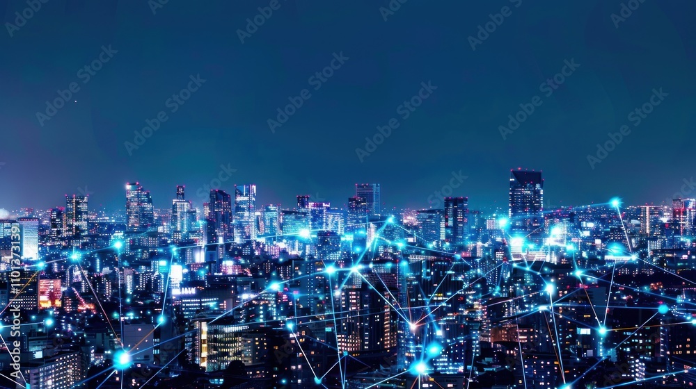 Obraz premium Cityscape with Network Connections at Night