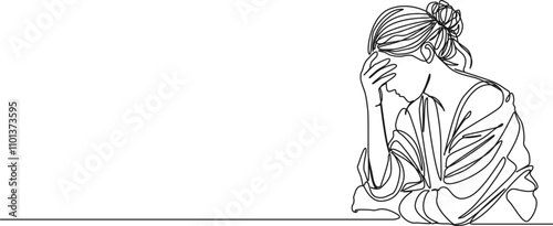 continuous single line drawing of overworked woman covering face with hand, line art vector illustration
