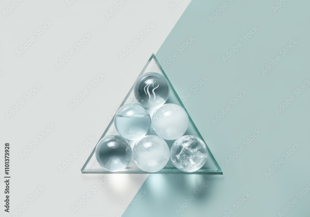 Fototapeta premium Geometric triangle of transparent spheres on bicolored background