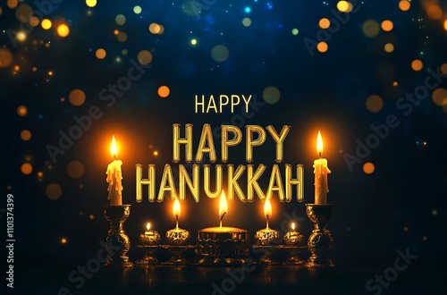 Happy Hanukkah Greeting with Glowing Candles and Festive Lights photo