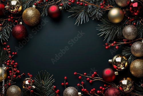 Elegant holiday layout with a black background, featuring gold and silver decorations. Deep red and forest green highlights