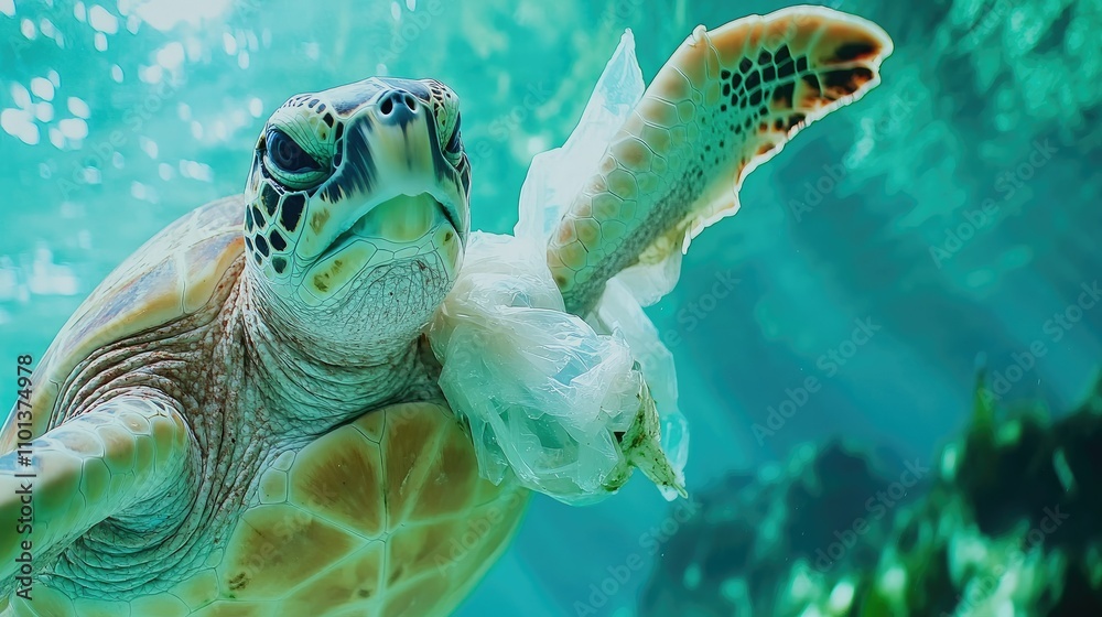 Fototapeta premium A close view of a turtle struggling with plastic waste entangling its flipper, set in clear, deep ocean water
