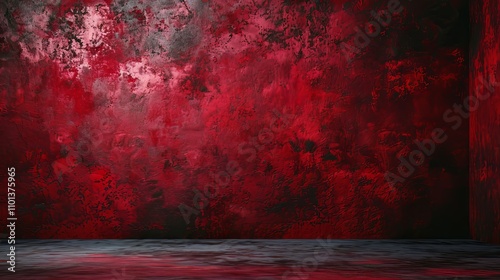 Dark Red Room Interior. Moody grunge textured wall background.