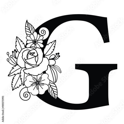 Botanical G Letter Art, Floral Alphabet Typography Family Sign, Monogram Logo Vector