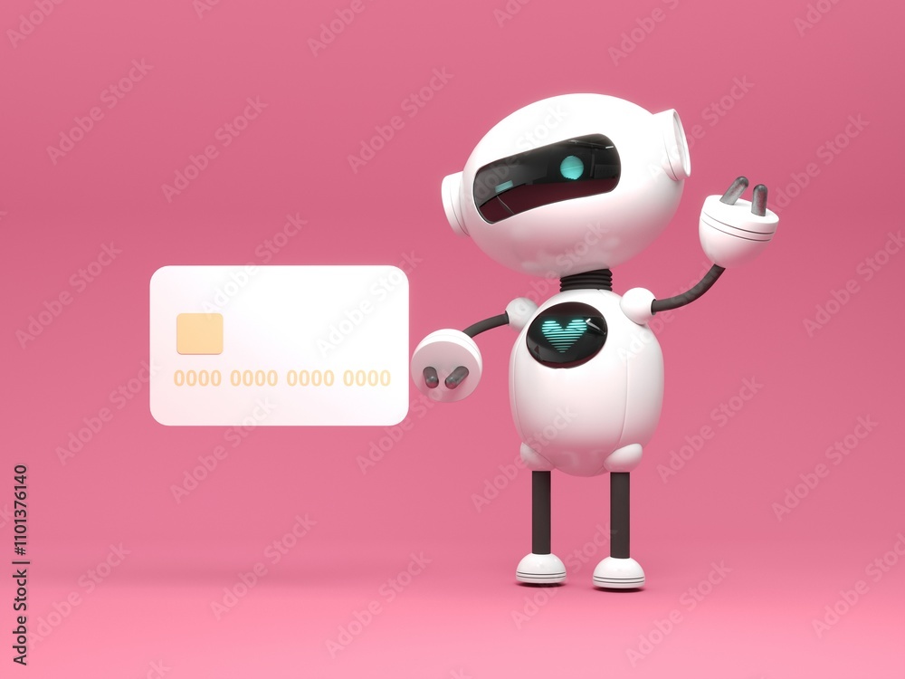 Fototapeta premium Friendly cute cartoon robot - 3d render. Technology concept. Customer support chatbot, online consultant, assistant, kawaii bot. Social media apps, UI and UX web design, application development.