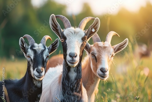 Three adorable goats with unique coats stand in a sunny meadow.