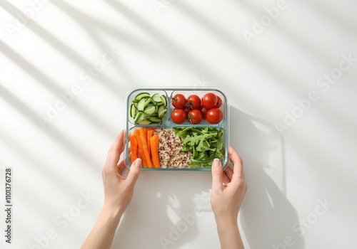 Healthy lunchbox with quinoa, vegetables, and tomatoes in sunlight