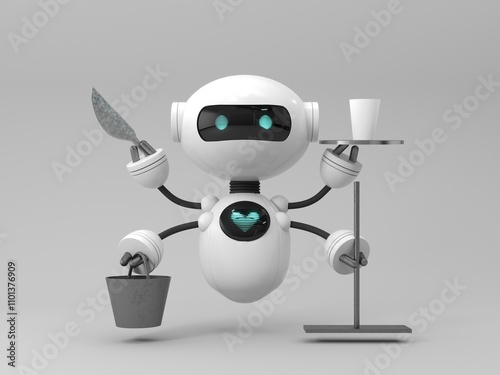 Mobile home robot assistant with household chores - 3d render. Robot is companion for cooking, cleaning, caring for the elderly and animals. Modern smart home, future technologies, automatic service.