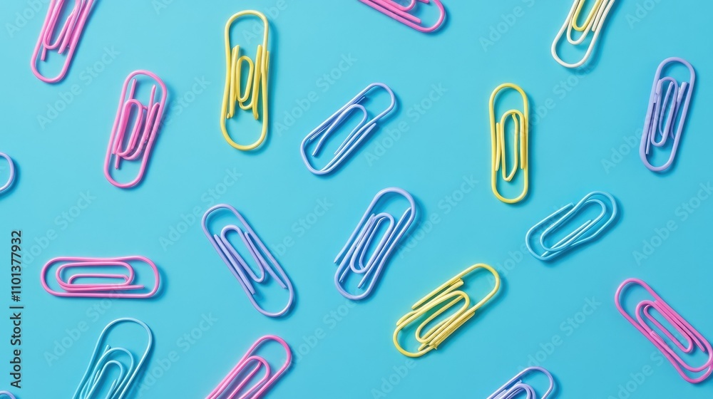 A creative flat lay of colorful paper clips organized by hue on a smooth aqua backdrop A creative flat lay of colorful paper clips organized by hue on a smooth aqua backdrop