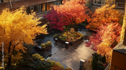 Vibrant Autumn Colors in Urban Courtyard Showcasing Stunning Maple Trees and a Tranquil Garden with Bright Leaves and Calm Atmosphere Surrounded by Modern Architecture photo