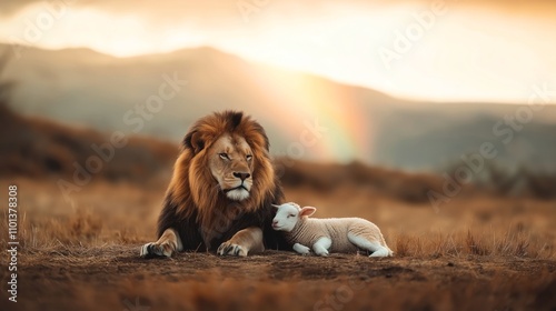 A lion and a lamb resting together in a field with a rainbow and mountains in the background, during sunset.