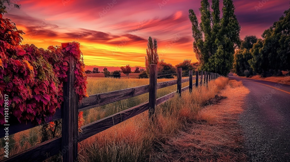 Obraz premium Vibrant Sunset Over Tranquil Countryside with Rustic Fence and Colorful Foliage in Autumn, Showcasing Nature’s Splendor and Peaceful Landscape