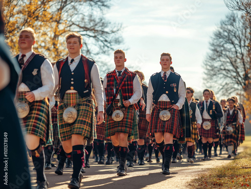 Parade of men in Scottish kilts during Hogmanay celebration photo