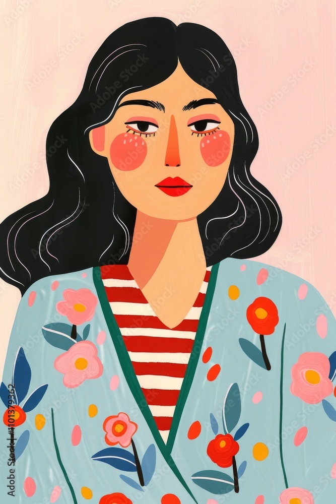 Minimalist illustration of a woman in an bright oversized coat with dark long hair Minimalist illustration of a woman in an bright oversized coat with dark long hair