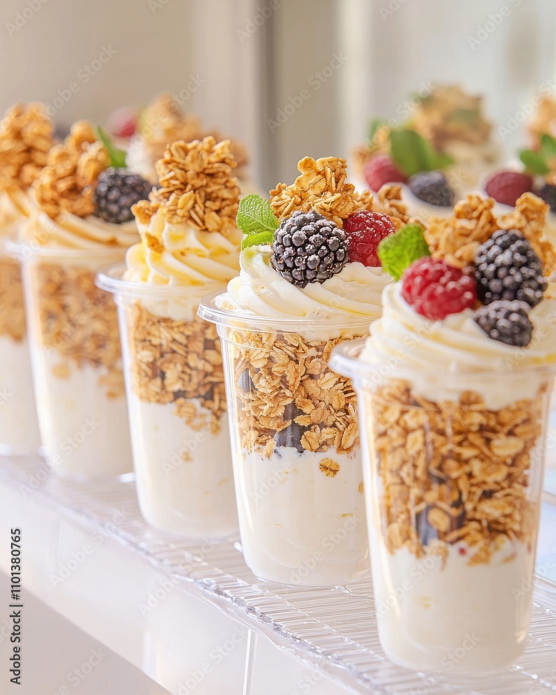 Savoring delicious dessert cups with granola and berries in a bright kitchen setting a close-up culinary delight Savoring delicious dessert cups with granola and berries in a bright kitchen setting a close-up culinary delight