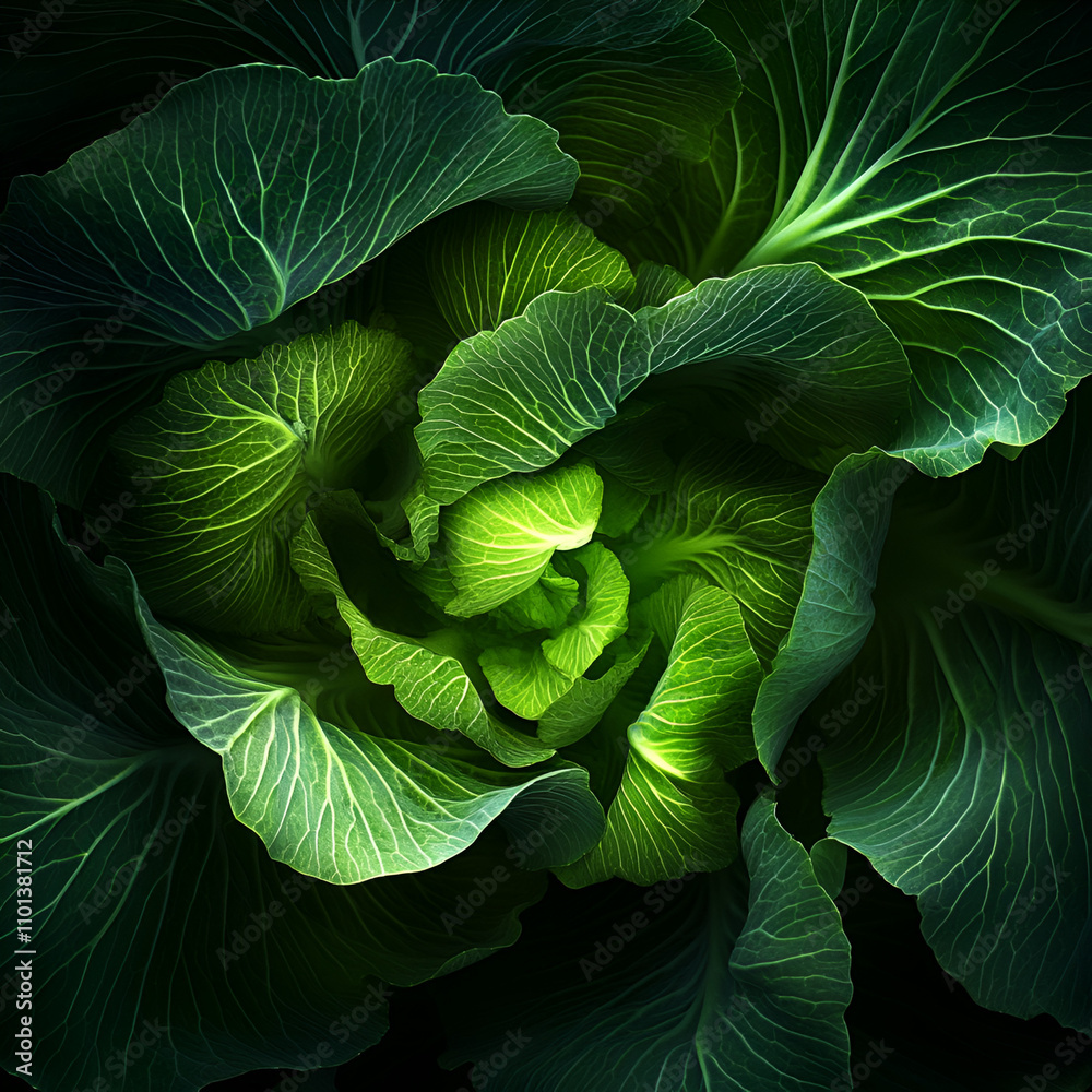 Obraz premium Lush green cabbage close-up nature macro photography garden top-down view organic farming concept