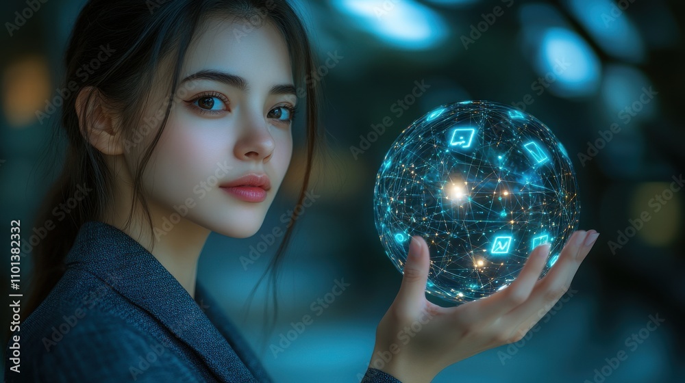 Naklejka premium A woman is holding a glowing ball with many icons on it. Generative AI