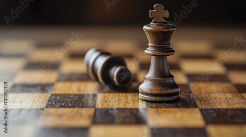 A black chess king stands victorious over a fallen opponent on a wooden chessboard.