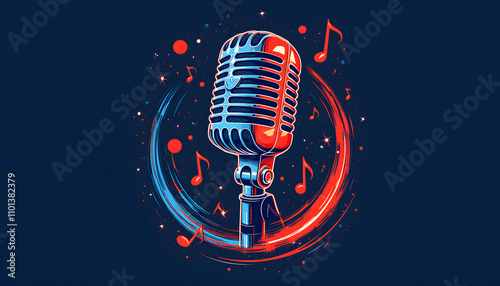 Vintage microphone surrounded by dynamic music notes and colorful swirls in a retro style representing t-shirt print