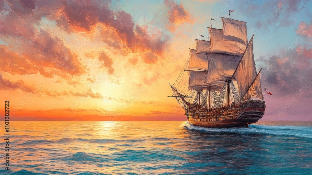 Fototapeta premium A majestic sailing ship from the Age of Exploration crossing a calm ocean at dawn, Columbus Day celebration, vibrant sunrise, detailed waves, photorealistic