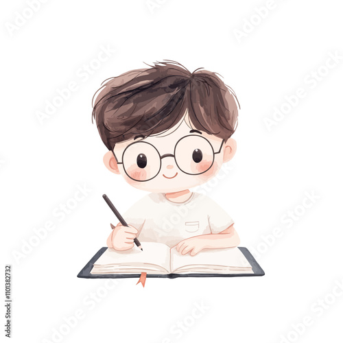 Cute Boy Writing in Notebook: A charming hand-drawn illustration of a young boy with glasses and a sweet smile, engrossed in writing in his notebook. Perfect for educational materials.