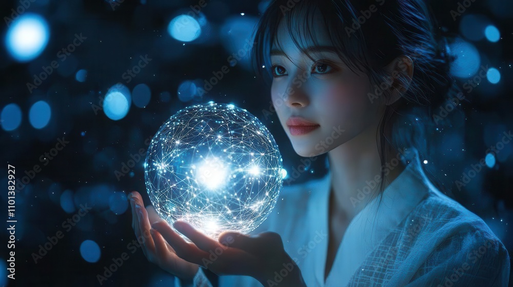 Naklejka premium A woman is holding a glowing sphere in her hand. Generative AI