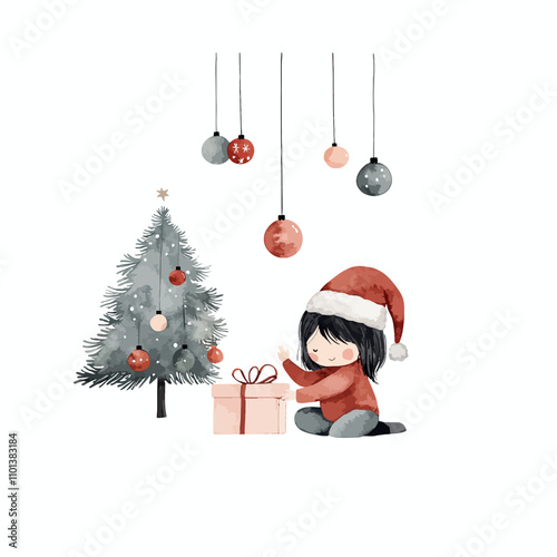 Christmas Eve Surprise: A charming watercolor illustration of a little girl in a Santa hat opening a gift by a beautifully decorated Christmas tree, creating a heartwarming holiday scene.