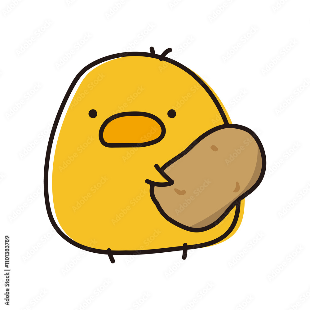 Obraz premium ジャガイモのメークインを持っているまんまるひよこ