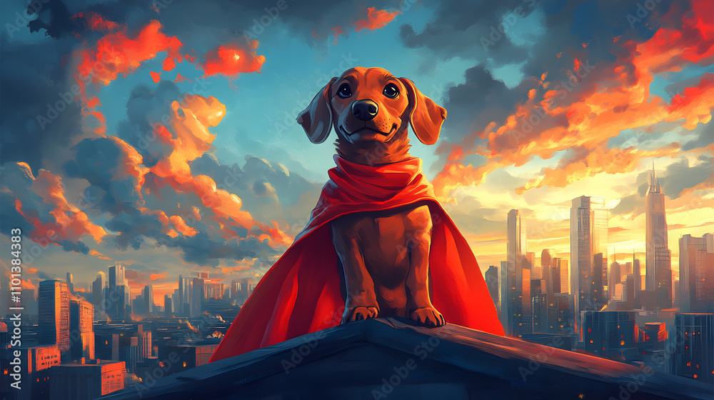 A quirky cartoon-style illustration of a Dachshund wearing a superhero cape, standing heroically on a rooftop with a playful smile, surrounded by a vibrant city skyline.