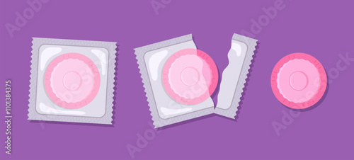 Set of male condoms package icons. Various condoms: in packaging, opened and unpacked. Concept of contraception method, protection against infections, unwanted pregnancy. Birth control, safe sex.