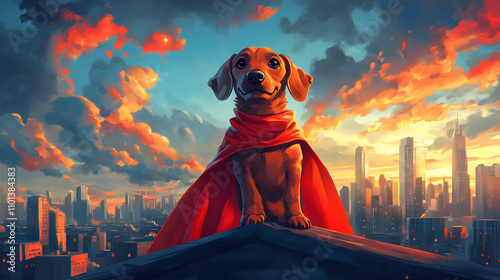 Obraz na płótnie A quirky cartoon-style illustration of a Dachshund wearing a superhero cape, standing heroically on a rooftop with a playful smile, surrounded by a vibrant city skyline. w salonie