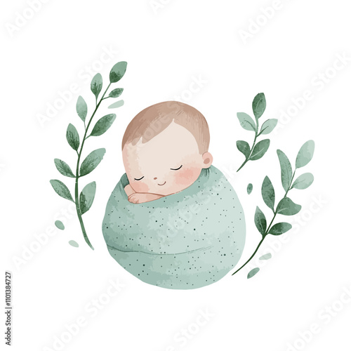 Sweet Dreams: Watercolor Illustration of a Peaceful Baby Wrapped in a Blanket with Greenery