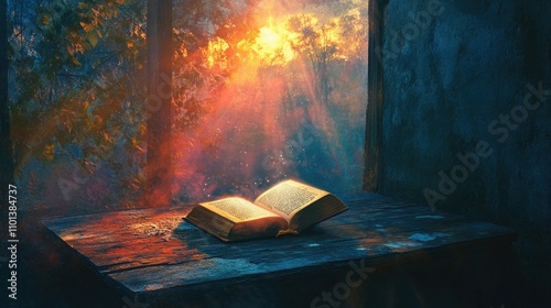 A mysterious Bible on a rustic table, illuminated by a divine ray of light, with a breathtaking, colorful horizon in the background.
