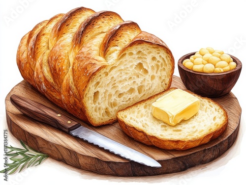 Sourdough bread on wooden board with butter dish and knife showcasing rustic artisan baking style photo