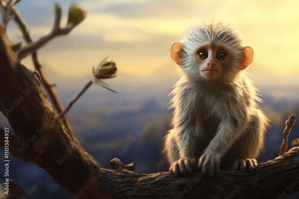 A Tiny Primate Perched Upon a Tabletop Its Diminutive Form Contrasted by the Vastness Below A Tiny Primate Perched Upon a Tabletop Its Diminutive Form Contrasted by the Vastness Below