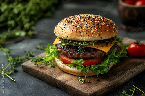 Juicy Cheeseburger on Wooden Board, Gourmet Burger with Sesame Bun, Fresh Lettuce, and Thyme photo