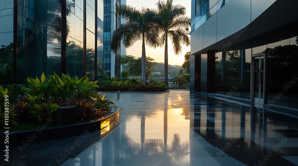 Fototapeta premium Serene Sunset Reflection at Modern Building Plaza