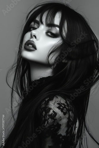 Black and white Portrait of a brunette Goth style 
woman, fashion and make-up shoot. Gothic, Goth, Emo, New Wave, Dark style fashion. Dark smokey make-up. Dramatic. Elegant.
