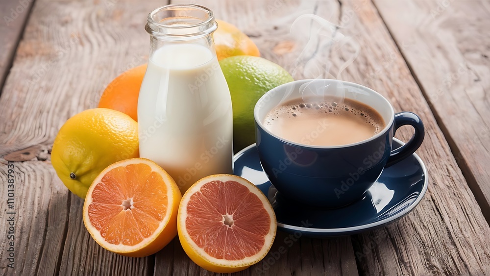 Close up view of bottle of milk, cup of coffee and citrus fruits on wooden surface Close up view of bottle of milk, cup of coffee and citrus fruits on wooden surface