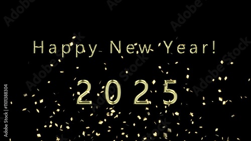 New Year's Greetings with Confetti. Holidays motion graphics card with gold shine confetti, text and numbers.