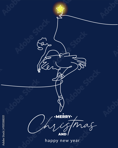 Continuous line vector Christmas card of ballerina and star. Dancing woman in oneline style. Merry Christmas concept