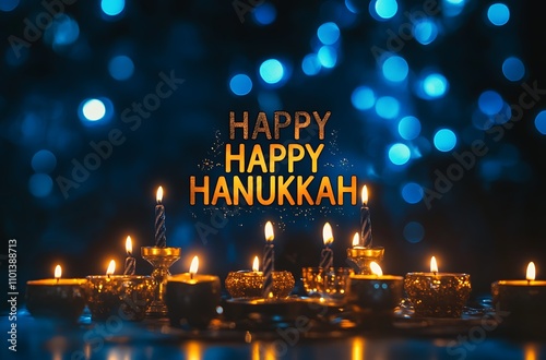 Happy Hanukkah Greeting with Glowing Candles and Festive Light photo