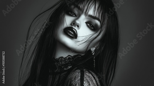 Black and white Portrait of a brunette Goth style 
woman, fashion and make-up shoot. Gothic, Goth, Emo, New Wave, Dark style fashion. Dark smokey make-up. Dramatic. Elegant. 