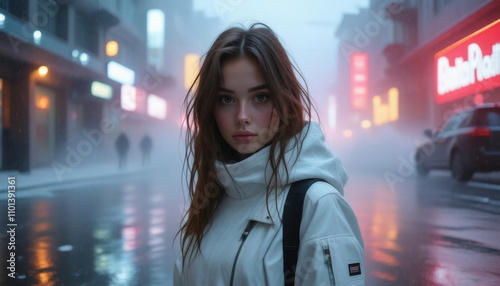 portrait of a beautiful woman with a long brown hair and white cyber clothes in the modern civilitation city  photo